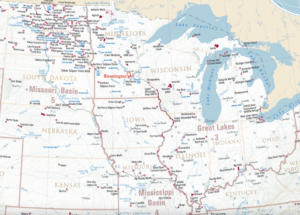 Map of the United States Great Lakes and Great Plains regions, showing 53 National Wildlife Refuges.